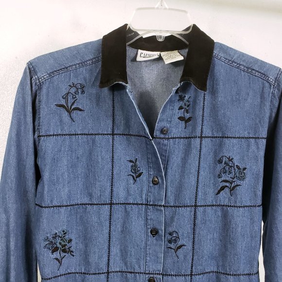 Capacity Women's Denim Blue Jean Black Floral Embroidered Shirt Top Blouse - Picture 2 of 12